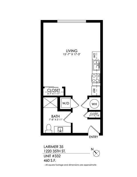 Floor plan for studio, 1 bath, 485 sqft